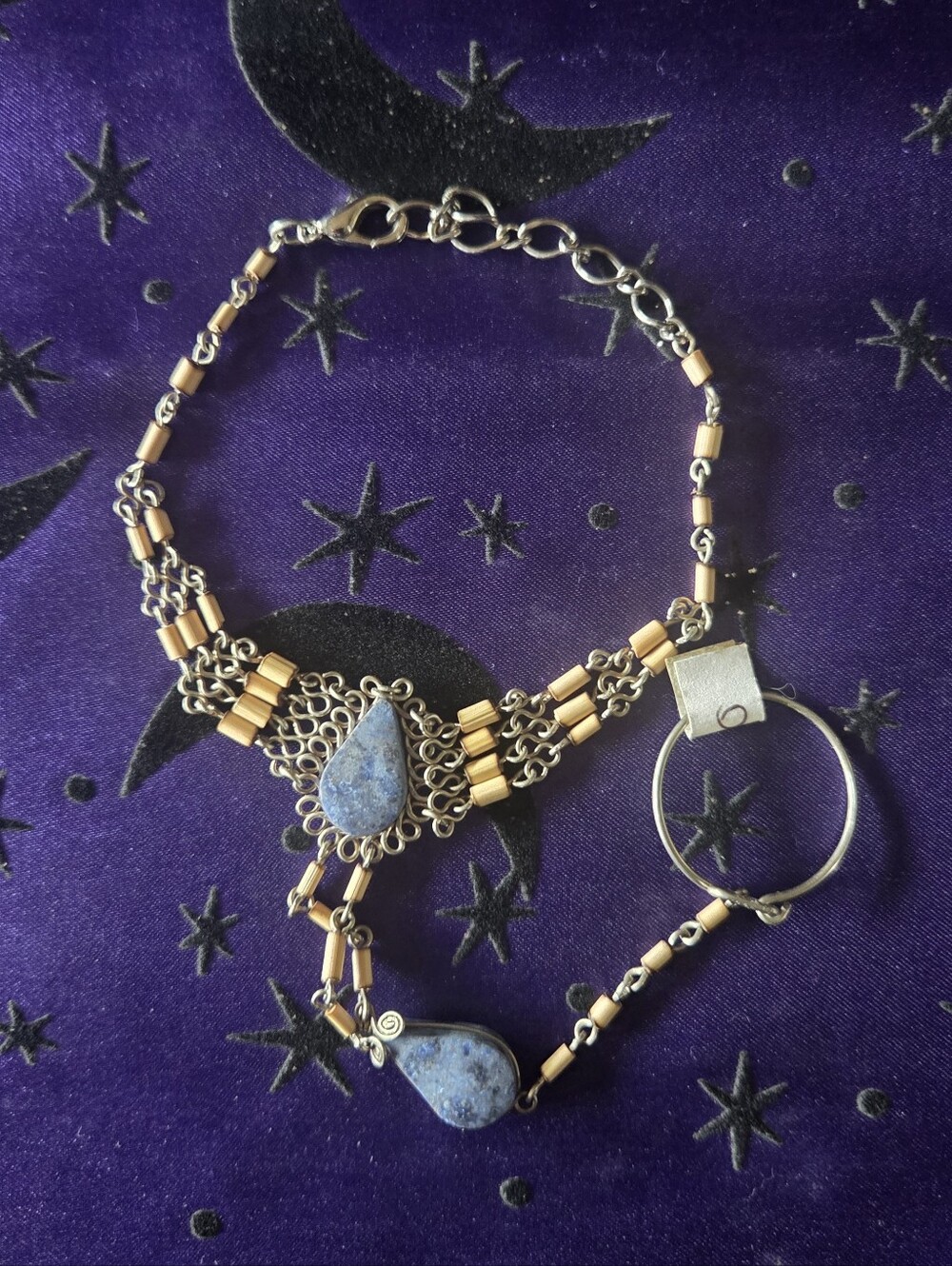 Vintage 1990s Whimsigoth Hand Chain Bracelet Blue Stone Cabochon Boho Ring